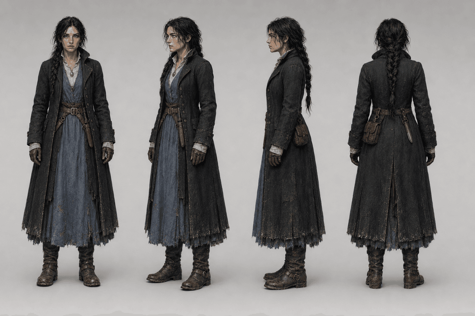 Elizabeth Redro character turnaround — human, in a worn coat and blue dress